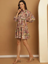 Floral Printed Puff Sleeve A-Line Dress-JND-1021Purple